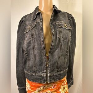 Gap Puff Sleeve Women's Black Distressed Wash Denim Jacket Size Large